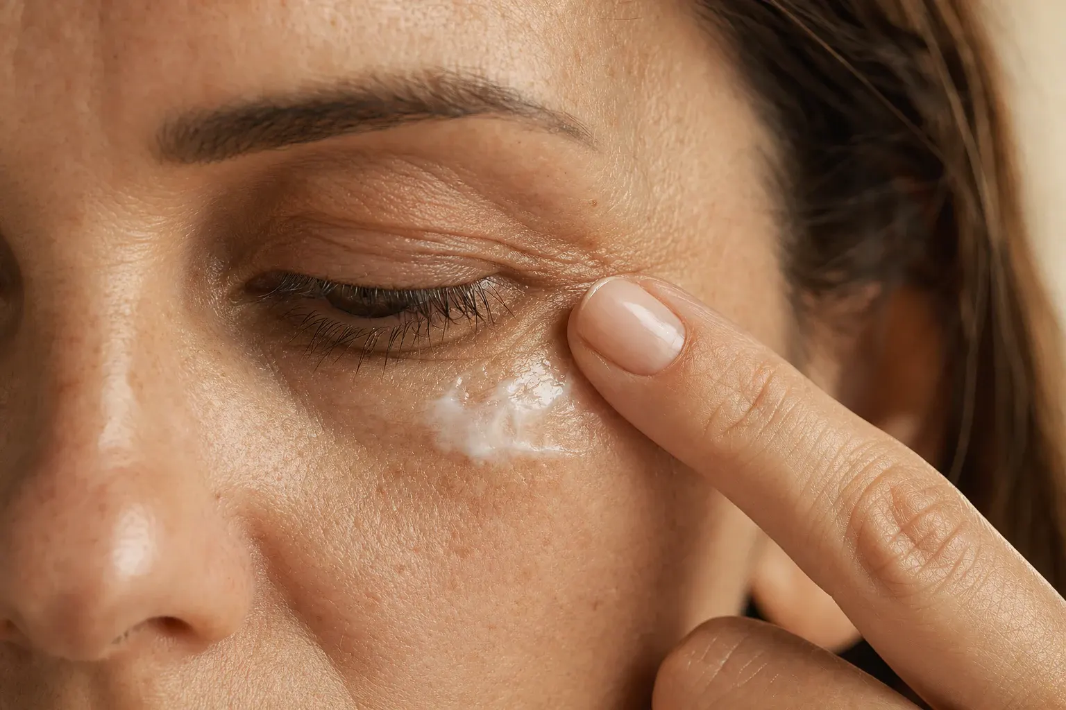 Applicazione di Elesse Cream sul contorno occhi con l’anulare